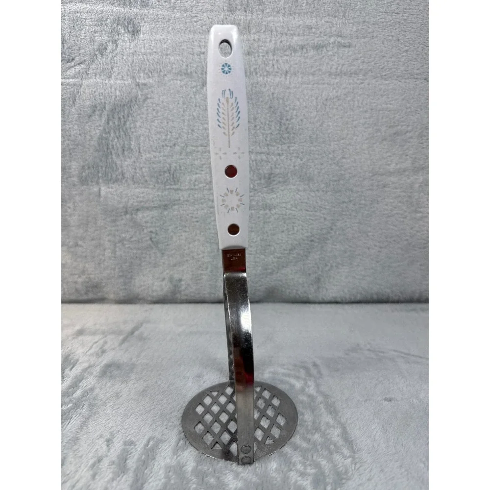 Vintage Stainless USA Potato Masher Blue Cornflower White Handle Retro Kitchen